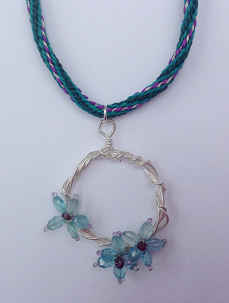 Gemstone flower kumihimo pendant