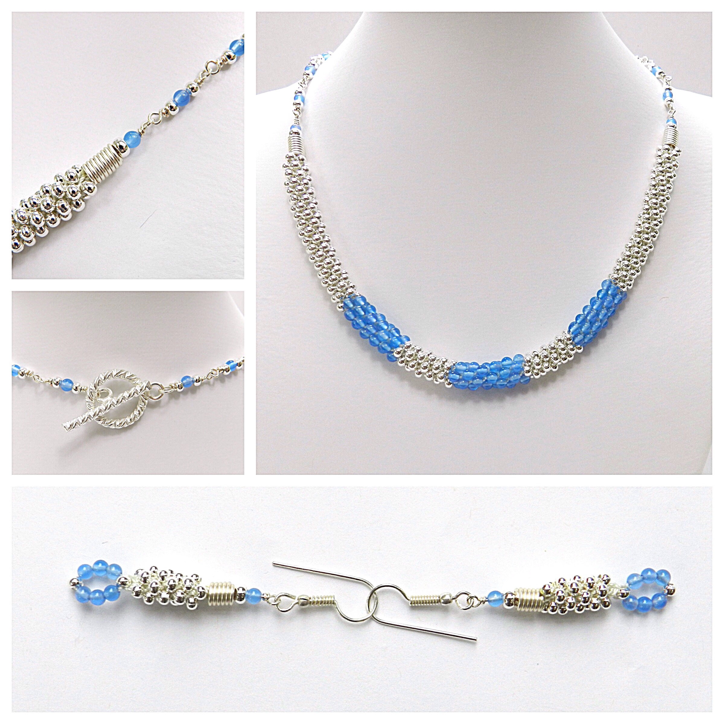 Kumihimo with metal seed beads and blue agate