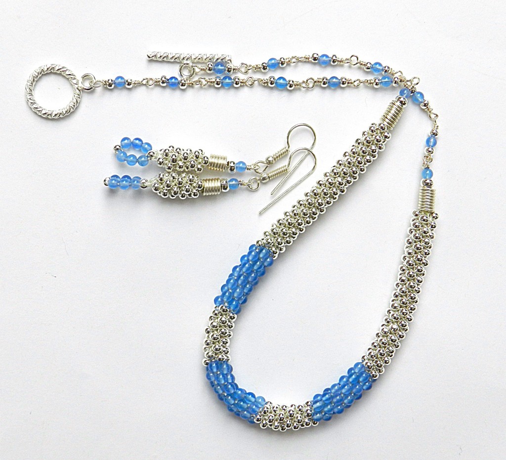 Kumihimo with metal seed beads and blue agate